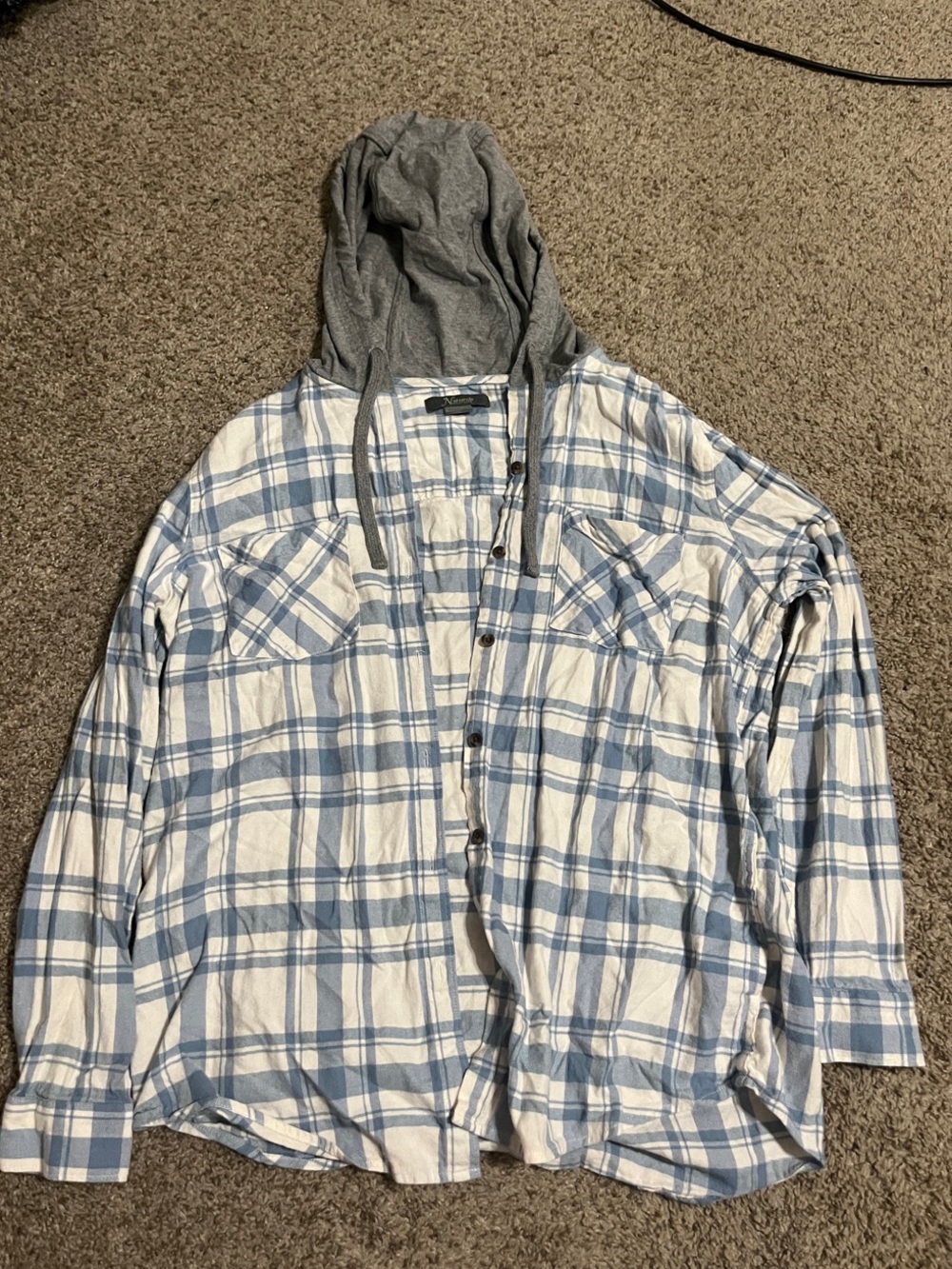 Natural Reflections White and Light Blue Plaid Button-Down Shirt with Gray Hood